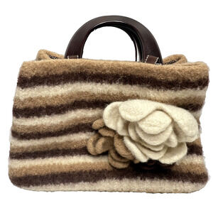 Artisan Wool Handbag Purse Removable Flowers pins Wooden handle Cottage artsy